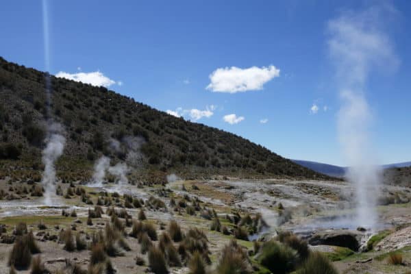 Champ de fumée de geysers au Sajama, Bolivie