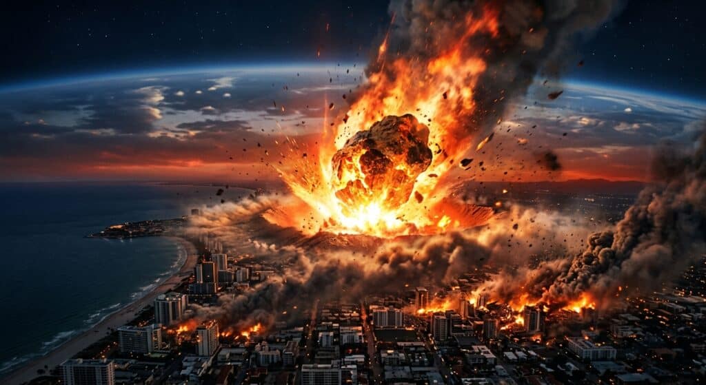 Un astéroïde géant s'écrase sur une ville côtière, provoquant une explosion massive et des incendies