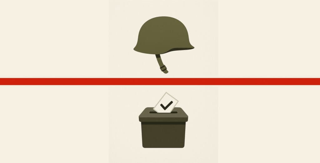 ligne rouge séparant urne de vote et casque militaire